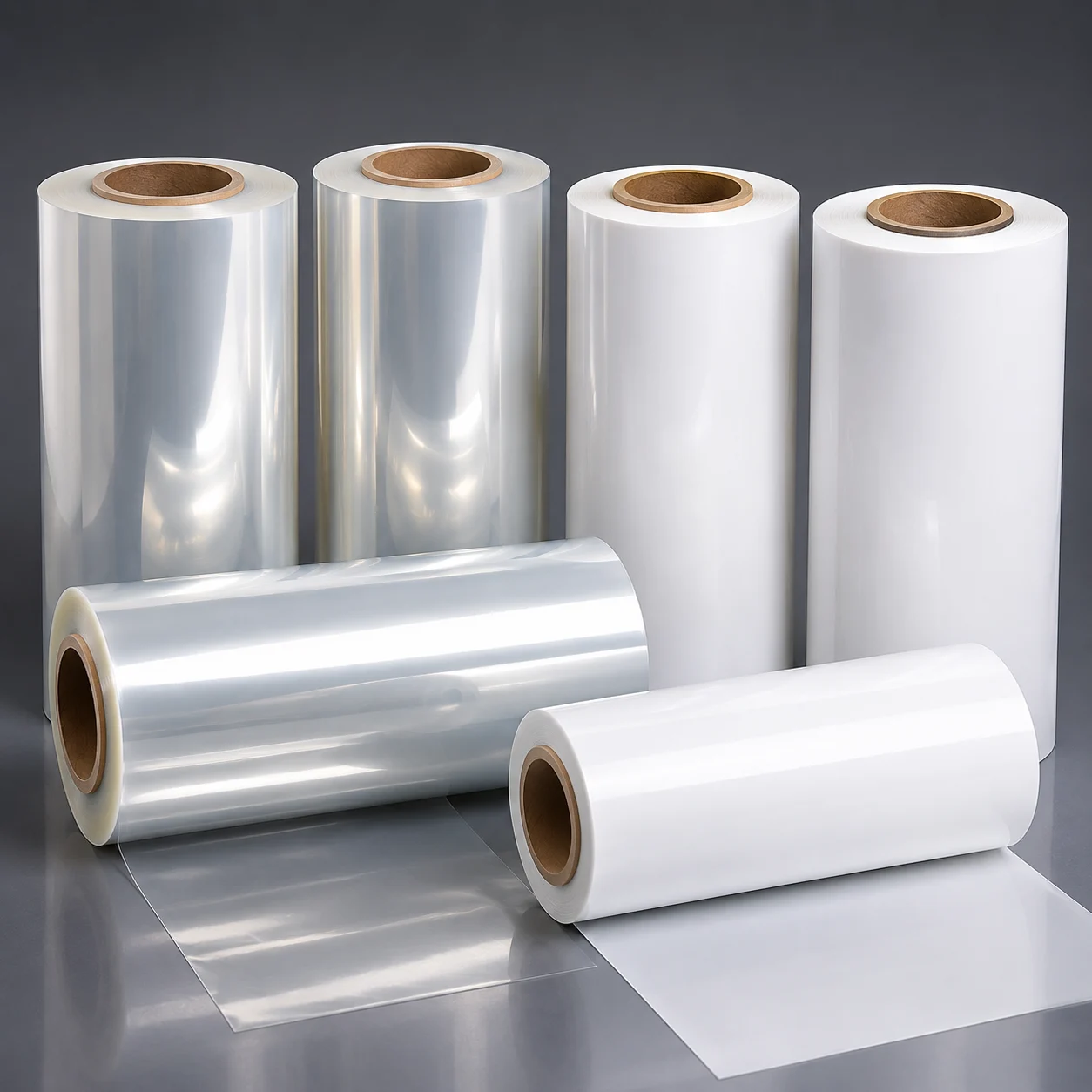 BOPP And HST Film 4 Industrial Film Rolls on Reflective Surface