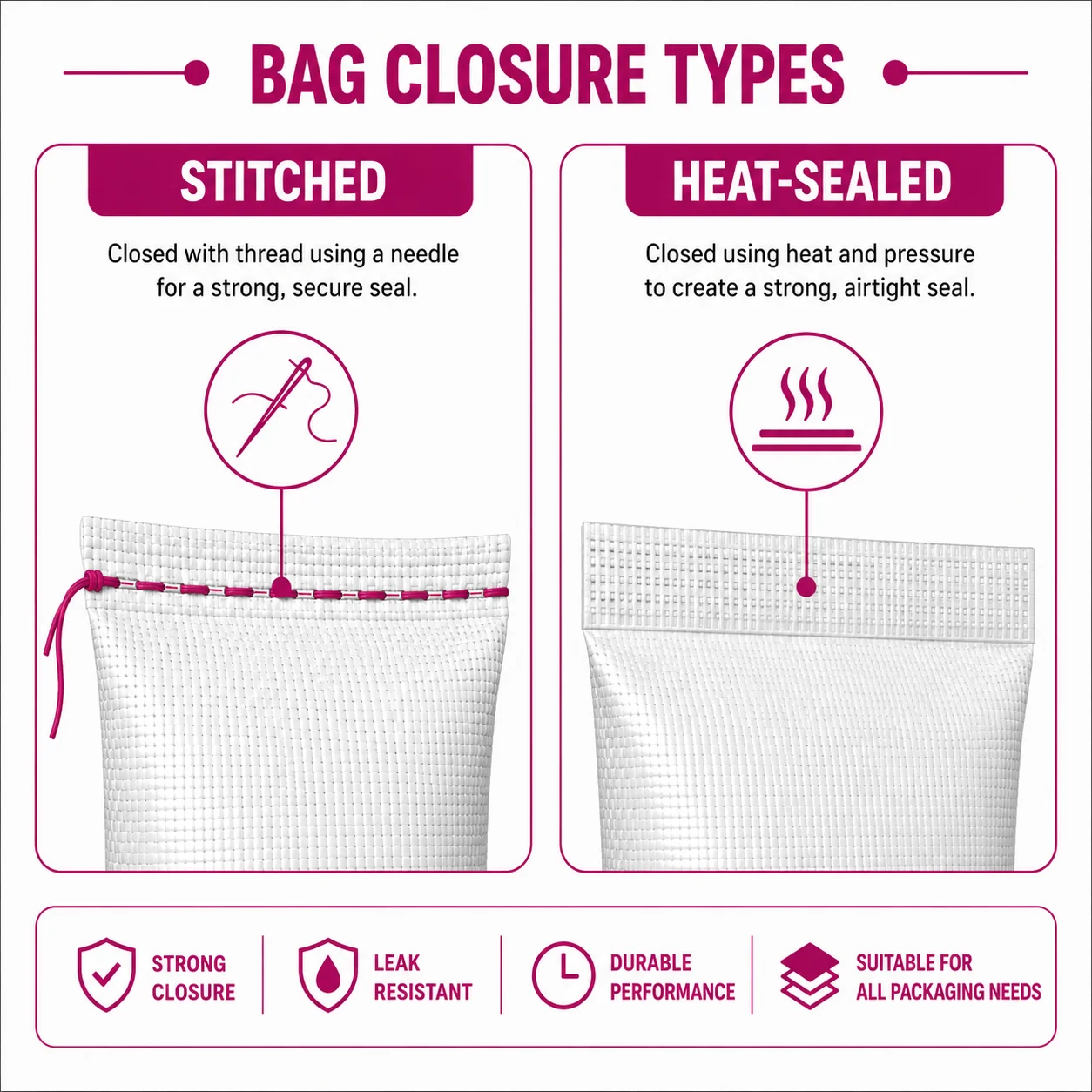 Stitched versus heat-sealed rice bag closure types