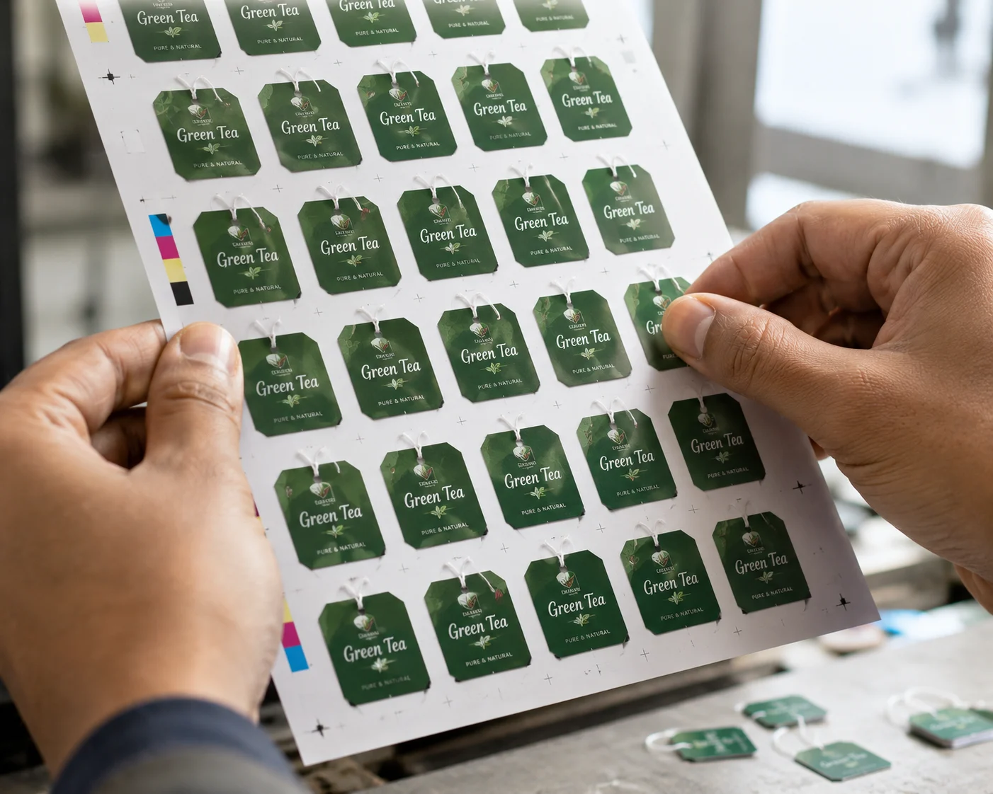Tea Bag Tags 3 Print quality check on tea bag tags before dispatch